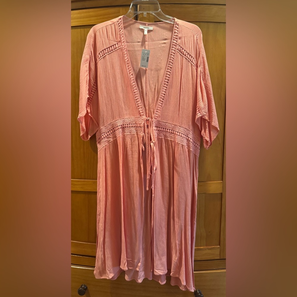 Maurices Peachy Coral Hue Embroidered Long Tunic Cover Up w/ Front Ties & Slits - Picture 4 of 12